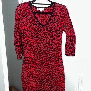 Nanette Lepore Knit Dress  Size M Red Black Animal Leopard Print V-Neck